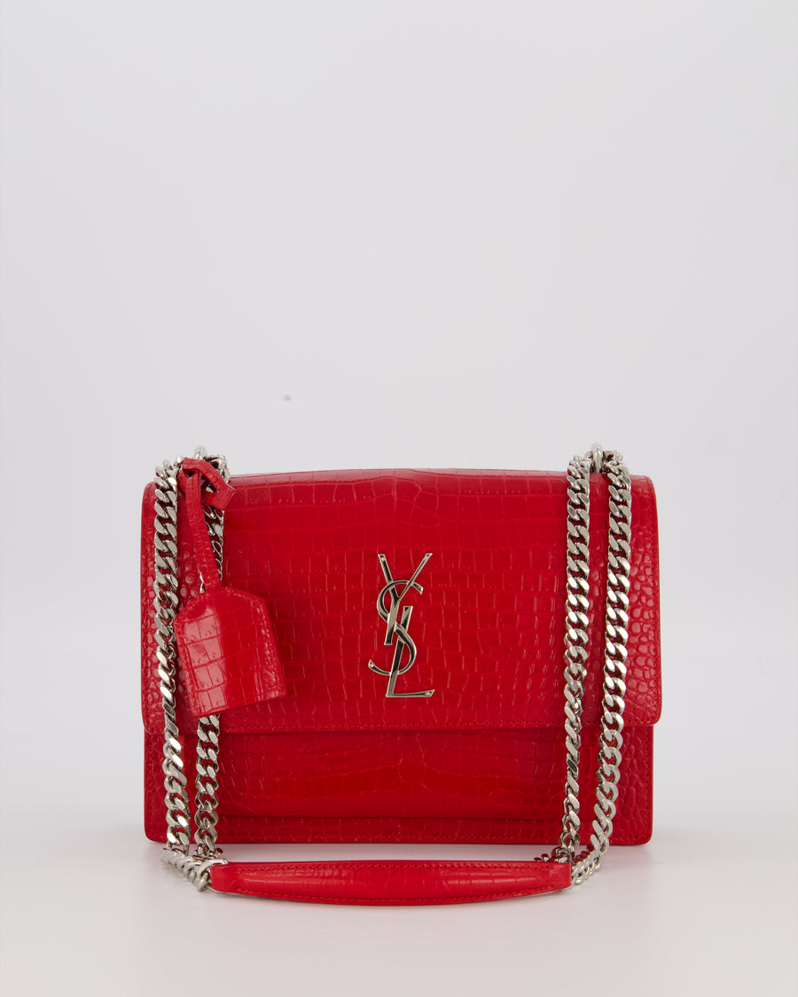 Saint Laurent Medium Sunset Bag in Red Crocodile-Embossed Leather with Silver Hardware