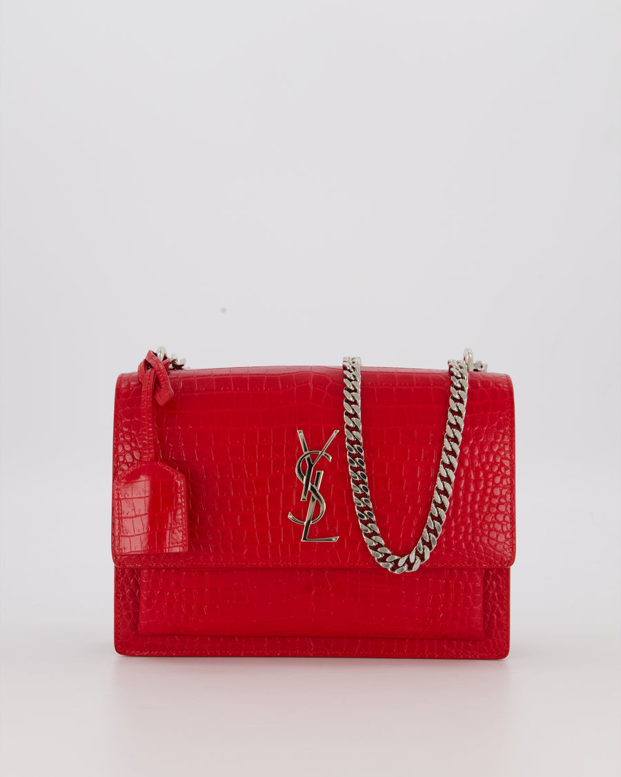 Saint Laurent Medium Sunset Bag in Red Crocodile-Embossed Leather with Silver Hardware