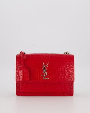 Saint Laurent Medium Sunset Bag in Red Crocodile-Embossed Leather with Silver Hardware