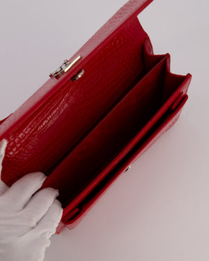 Saint Laurent Medium Sunset Bag in Red Crocodile-Embossed Leather with Silver Hardware