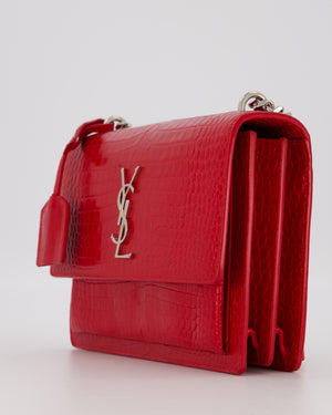 Saint Laurent Medium Sunset Bag in Red Crocodile-Embossed Leather with Silver Hardware
