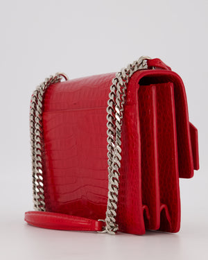 Saint Laurent Medium Sunset Bag in Red Crocodile-Embossed Leather with Silver Hardware