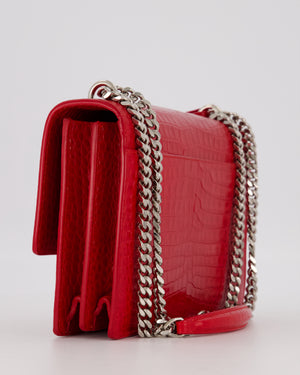 Saint Laurent Medium Sunset Bag in Red Crocodile-Embossed Leather with Silver Hardware