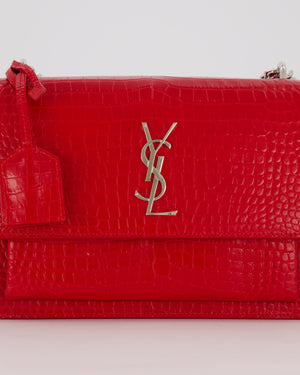 Saint Laurent Medium Sunset Bag in Red Crocodile-Embossed Leather with Silver Hardware