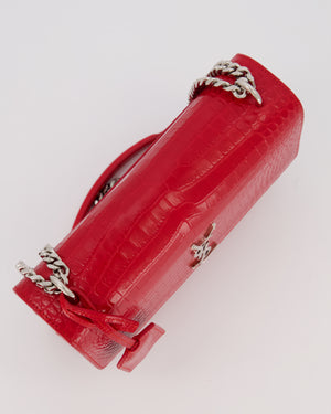 Saint Laurent Medium Sunset Bag in Red Crocodile-Embossed Leather with Silver Hardware