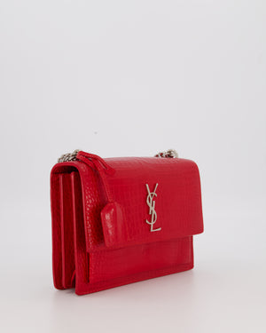 Saint Laurent Medium Sunset Bag in Red Crocodile-Embossed Leather with Silver Hardware