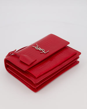 Saint Laurent Medium Sunset Bag in Red Crocodile-Embossed Leather with Silver Hardware