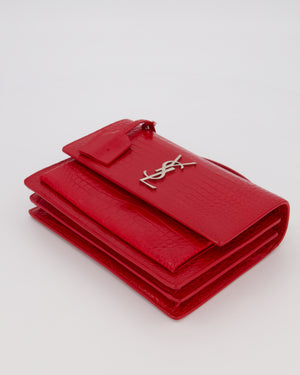 Saint Laurent Medium Sunset Bag in Red Crocodile-Embossed Leather with Silver Hardware