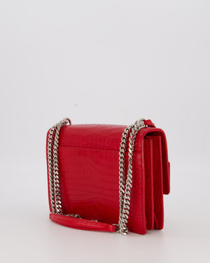 Saint Laurent Medium Sunset Bag in Red Crocodile-Embossed Leather with Silver Hardware