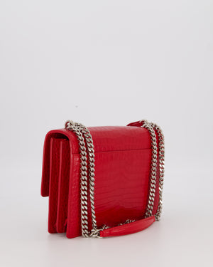 Saint Laurent Medium Sunset Bag in Red Crocodile-Embossed Leather with Silver Hardware