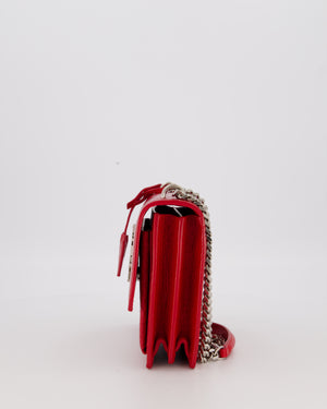 Saint Laurent Medium Sunset Bag in Red Crocodile-Embossed Leather with Silver Hardware