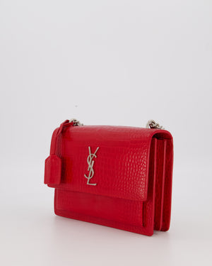 Saint Laurent Medium Sunset Bag in Red Crocodile-Embossed Leather with Silver Hardware