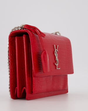 Saint Laurent Medium Sunset Bag in Red Crocodile-Embossed Leather with Silver Hardware