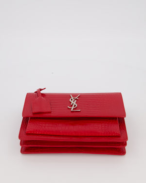 Saint Laurent Medium Sunset Bag in Red Crocodile-Embossed Leather with Silver Hardware