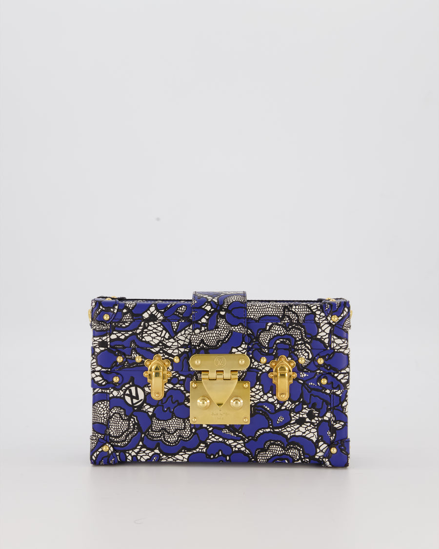 Louis Vuitton Blue Lace Floral Petite Malle Bag in Calfskin Leather With Gold Hardware