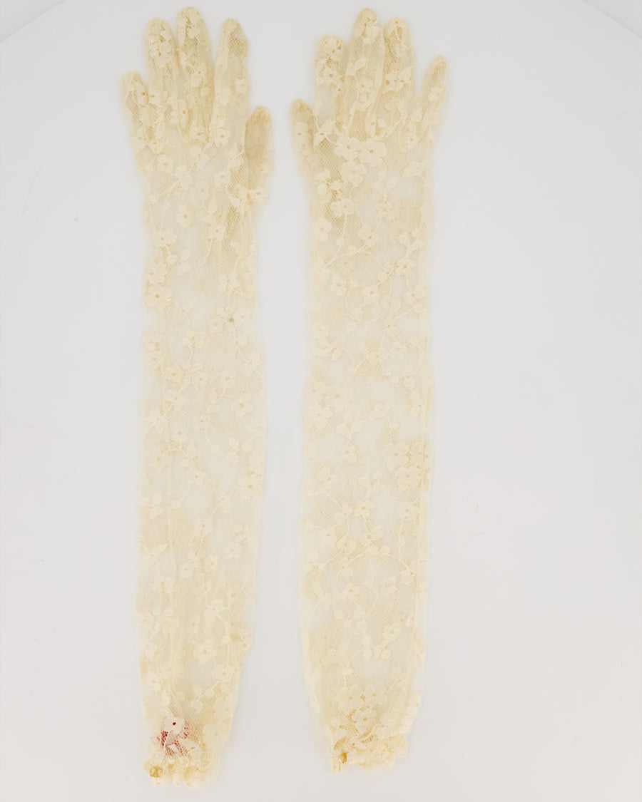 Valentino Elbow Floral Lace Gloves in Butter Yellow