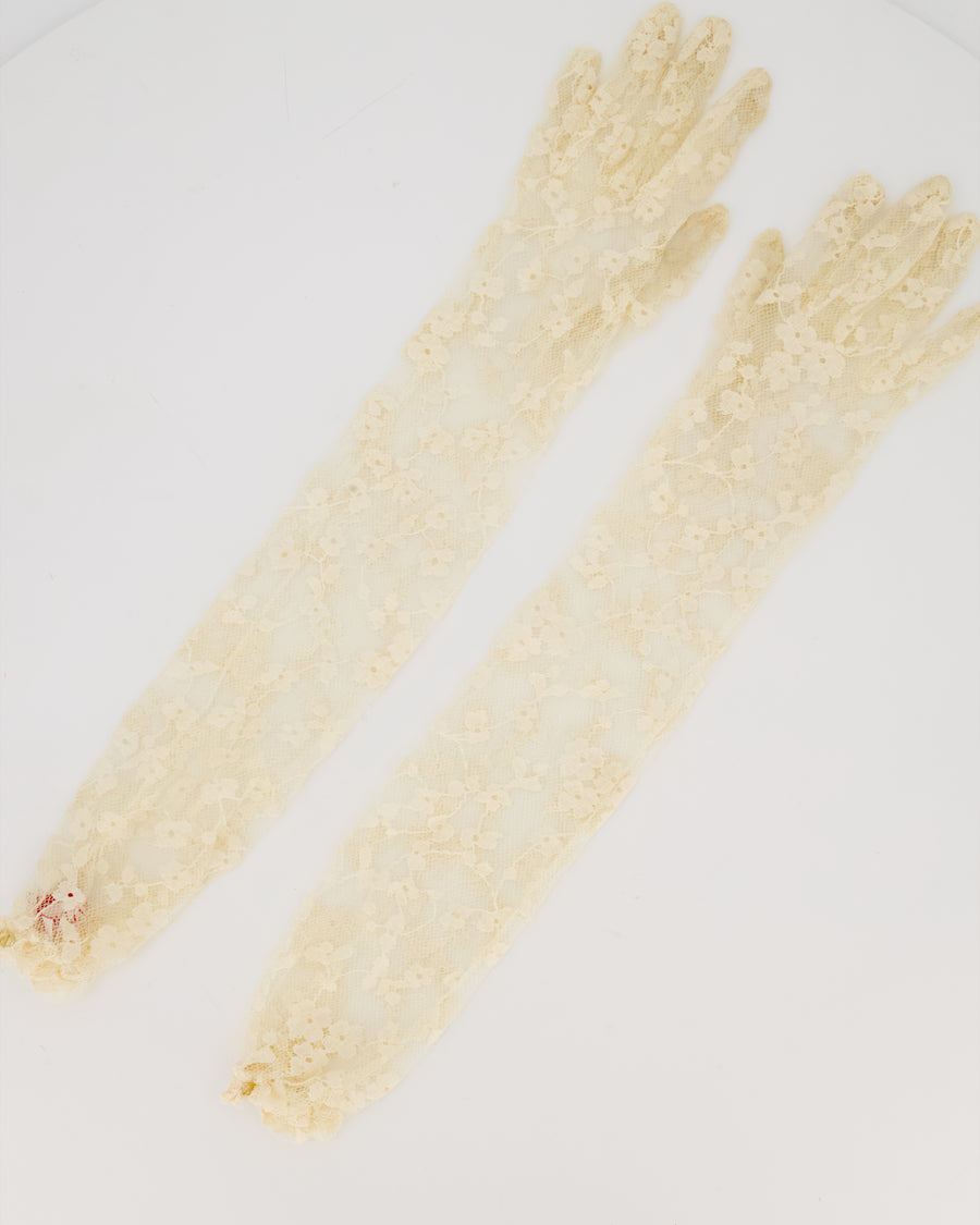 Valentino Elbow Floral Lace Gloves in Butter Yellow