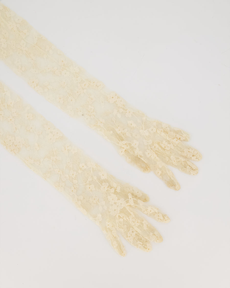 Valentino Elbow Floral Lace Gloves in Butter Yellow