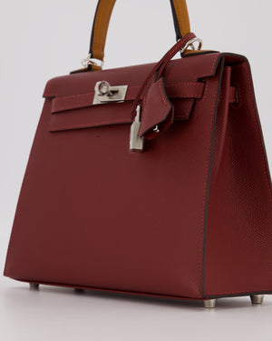 *HOT* Hermès Kelly 25 Sellier Tricolour Bag in Rouge H, Gold, & Bai Brun Epsom Leather and Palladium Hardware