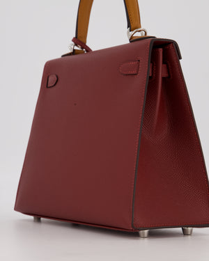 *HOT* Hermès Kelly 25 Sellier Tricolour Bag in Rouge H, Gold, & Bai Brun Epsom Leather and Palladium Hardware