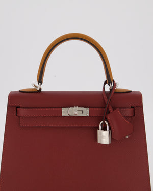 *HOT* Hermès Kelly 25 Sellier Tricolour Bag in Rouge H, Gold, & Bai Brun Epsom Leather and Palladium Hardware