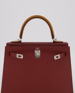 *HOT* Hermès Kelly 25 Sellier Tricolour Bag in Rouge H, Gold, & Bai Brun Epsom Leather and Palladium Hardware