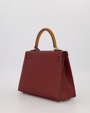 *HOT* Hermès Kelly 25 Sellier Tricolour Bag in Rouge H, Gold, & Bai Brun Epsom Leather and Palladium Hardware