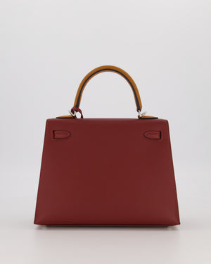 *HOT* Hermès Kelly 25 Sellier Tricolour Bag in Rouge H, Gold, & Bai Brun Epsom Leather and Palladium Hardware