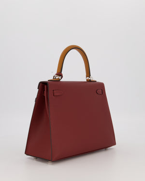 *HOT* Hermès Kelly 25 Sellier Tricolour Bag in Rouge H, Gold, & Bai Brun Epsom Leather and Palladium Hardware