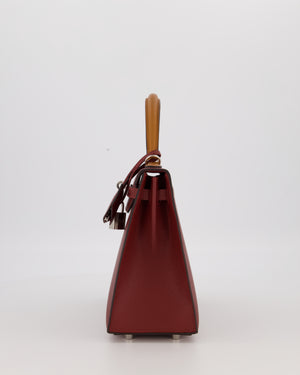*HOT* Hermès Kelly 25 Sellier Tricolour Bag in Rouge H, Gold, & Bai Brun Epsom Leather and Palladium Hardware