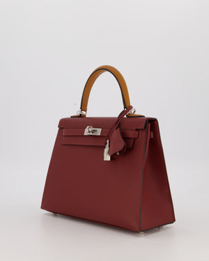 *HOT* Hermès Kelly 25 Sellier Tricolour Bag in Rouge H, Gold, & Bai Brun Epsom Leather and Palladium Hardware