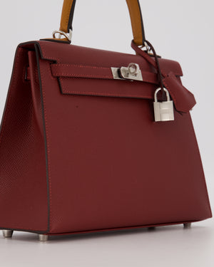 *HOT* Hermès Kelly 25 Sellier Tricolour Bag in Rouge H, Gold, & Bai Brun Epsom Leather and Palladium Hardware