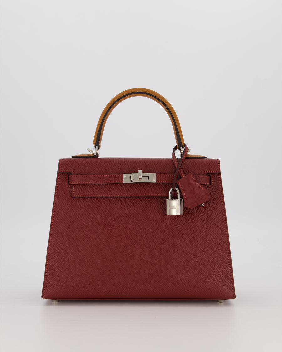 *HOT* Hermès Kelly 25 Sellier Tricolour Bag in Rouge H, Gold, & Bai Brun Epsom Leather and Palladium Hardware