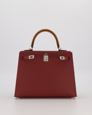*HOT* Hermès Kelly 25 Sellier Tricolour Bag in Rouge H, Gold, & Bai Brun Epsom Leather and Palladium Hardware