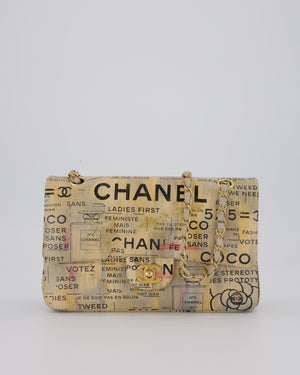 Chanel S/S 2015 Beige Graffiti Newspaper Print Classic Medium Double Flap Bag in Lambskin Leather with Brushed Gold Hardware