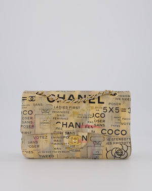 Chanel S/S 2015 Beige Graffiti Newspaper Print Classic Medium Double Flap Bag in Lambskin Leather with Brushed Gold Hardware