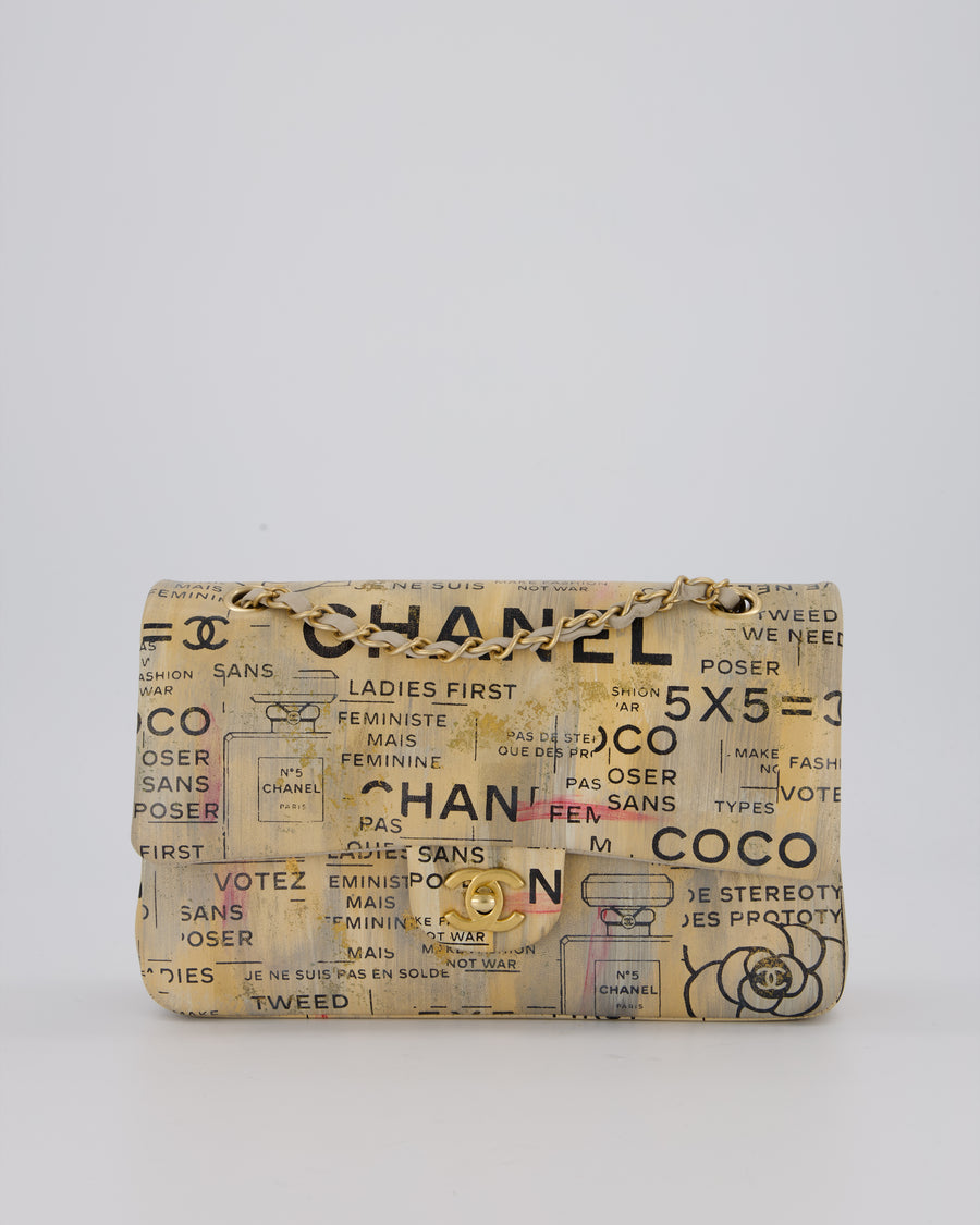 Chanel S/S 2015 Beige Graffiti Newspaper Print Classic Medium Double Flap Bag in Lambskin Leather with Brushed Gold Hardware