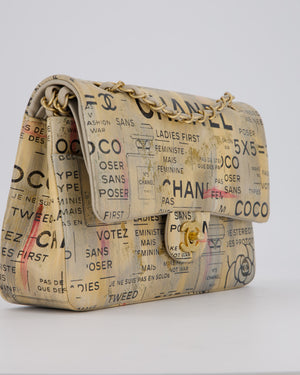 Chanel S/S 2015 Beige Graffiti Newspaper Print Classic Medium Double Flap Bag in Lambskin Leather with Brushed Gold Hardware
