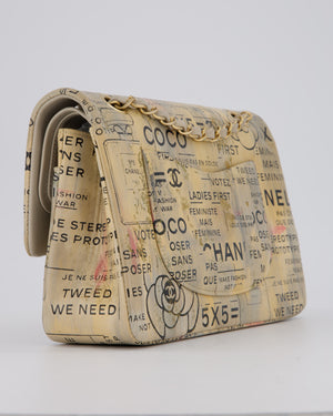 Chanel S/S 2015 Beige Graffiti Newspaper Print Classic Medium Double Flap Bag in Lambskin Leather with Brushed Gold Hardware