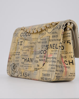 Chanel S/S 2015 Beige Graffiti Newspaper Print Classic Medium Double Flap Bag in Lambskin Leather with Brushed Gold Hardware