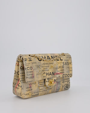 Chanel S/S 2015 Beige Graffiti Newspaper Print Classic Medium Double Flap Bag in Lambskin Leather with Brushed Gold Hardware