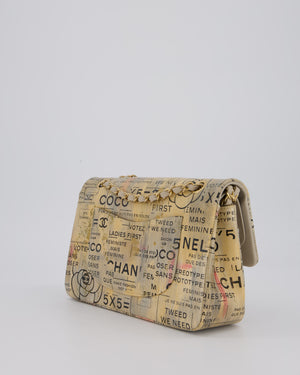 Chanel S/S 2015 Beige Graffiti Newspaper Print Classic Medium Double Flap Bag in Lambskin Leather with Brushed Gold Hardware