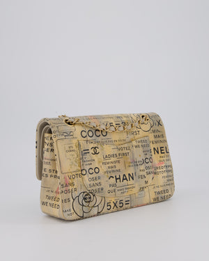 Chanel S/S 2015 Beige Graffiti Newspaper Print Classic Medium Double Flap Bag in Lambskin Leather with Brushed Gold Hardware