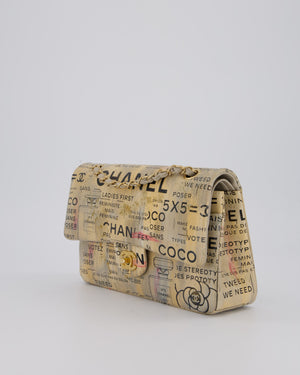 Chanel S/S 2015 Beige Graffiti Newspaper Print Classic Medium Double Flap Bag in Lambskin Leather with Brushed Gold Hardware