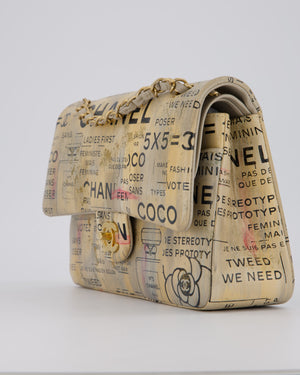 Chanel S/S 2015 Beige Graffiti Newspaper Print Classic Medium Double Flap Bag in Lambskin Leather with Brushed Gold Hardware