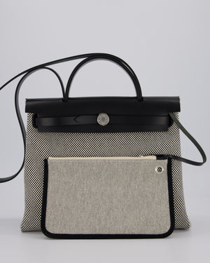 *HOT* Hermès Herbag 31 Zip Bag in Ecru/Noir Criss Viking Canvas, Noir Vache Hunter Leather with Palladium Hardware