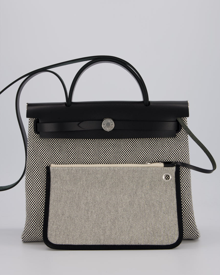 *HOT* Hermès Herbag 31 Zip Bag in Ecru/Noir Criss Viking Canvas, Noir Vache Hunter Leather with Palladium Hardware