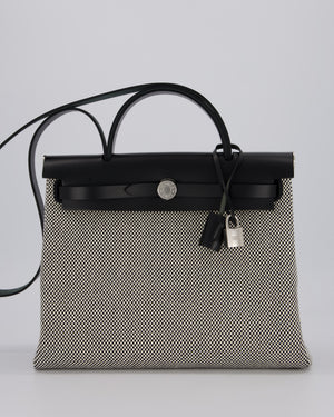 *HOT* Hermès Herbag 31 Zip Bag in Ecru/Noir Criss Viking Canvas, Noir Vache Hunter Leather with Palladium Hardware