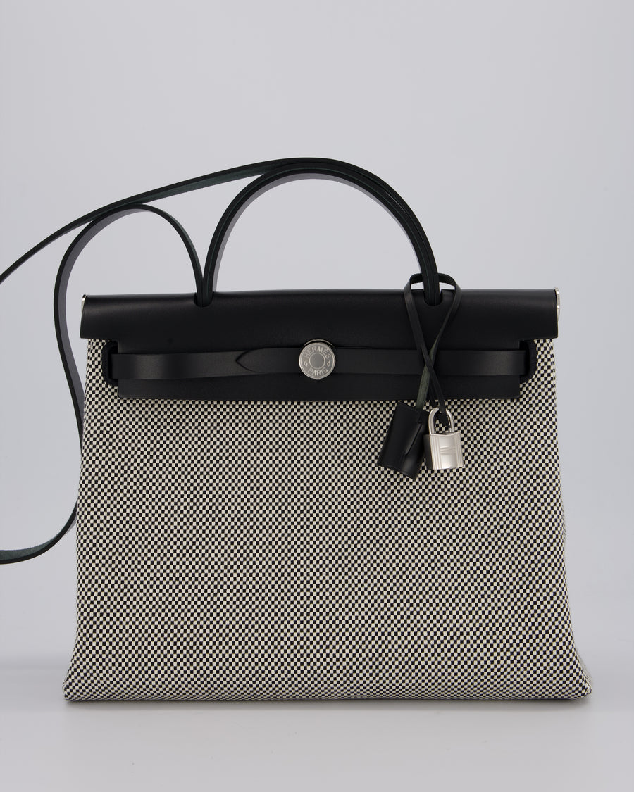 *HOT* Hermès Herbag 31 Zip Bag in Ecru/Noir Criss Viking Canvas, Noir Vache Hunter Leather with Palladium Hardware