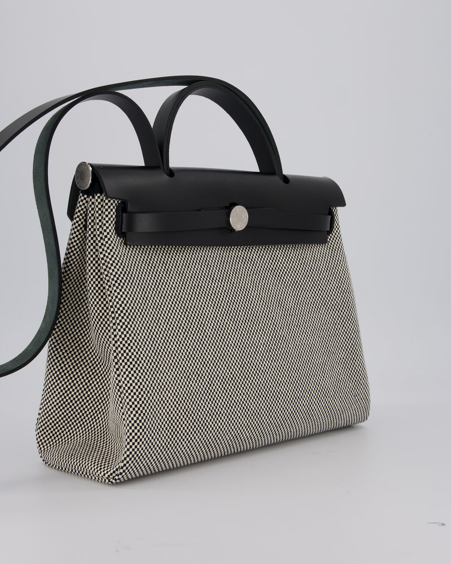 *HOT* Hermès Herbag 31 Zip Bag in Ecru/Noir Criss Viking Canvas, Noir Vache Hunter Leather with Palladium Hardware